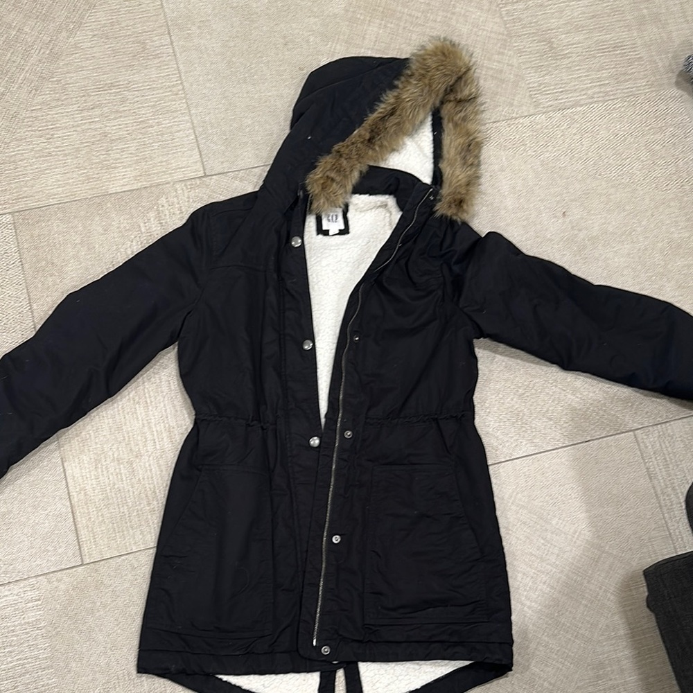 GAP Black Ski Jacket with Faux Fur Hood